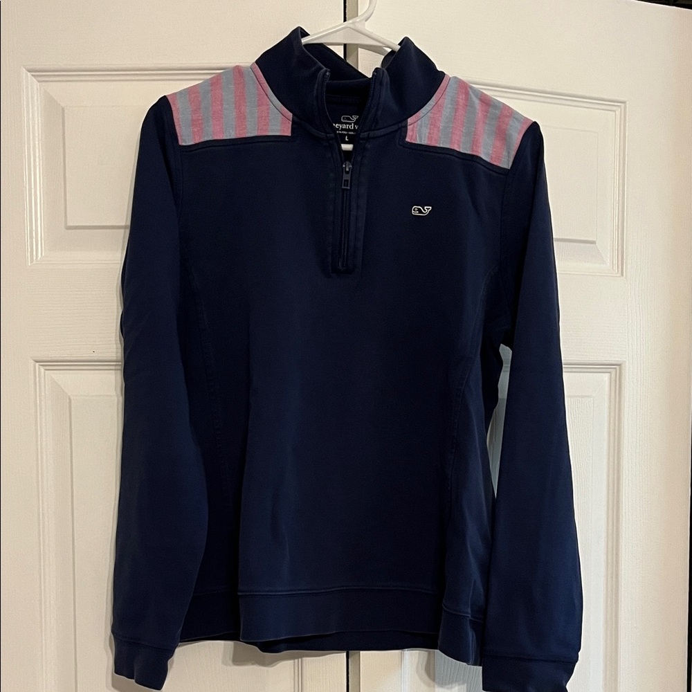 Vineyard Vines Navy Half-Zip Pullover with Pink and Light Blue Stripes